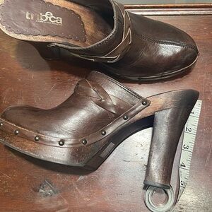 Brown Leather Mules with Wooden Platform